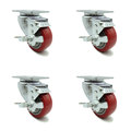 Service Caster 3 Inch Red Polyurethane Wheel Swivel Top Plate Caster Set with Brake SCC SCC-20S314-PPUB-RED-TLB-4
